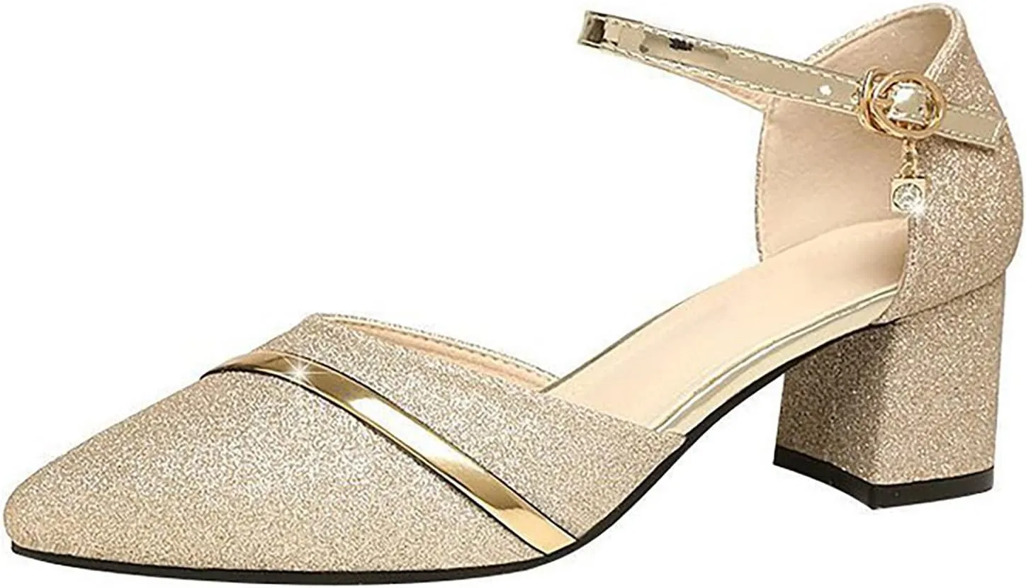 Wide Sandals for Women Wide Width Women's Summer New Korean Style Fashion Medium Heel Thick Heel Sequin One Line Buckle Casual Large Sandals (Gold, 7.5)