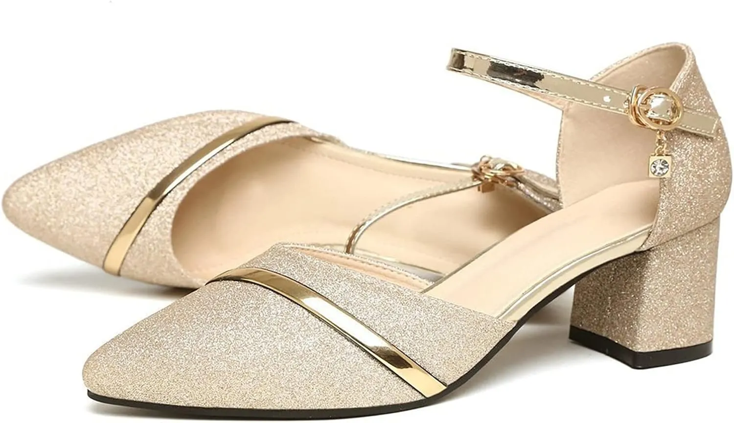 Wide Sandals for Women Wide Width Women's Summer New Korean Style Fashion Medium Heel Thick Heel Sequin One Line Buckle Casual Large Sandals (Gold, 7.5)