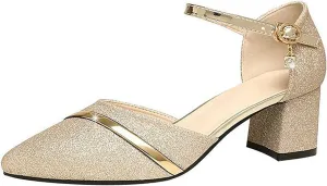 Wide Sandals for Women Wide Width Women's Summer New Korean Style Fashion Medium Heel Thick Heel Sequin One Line Buckle Casual Large Sandals (Gold, 7.5)