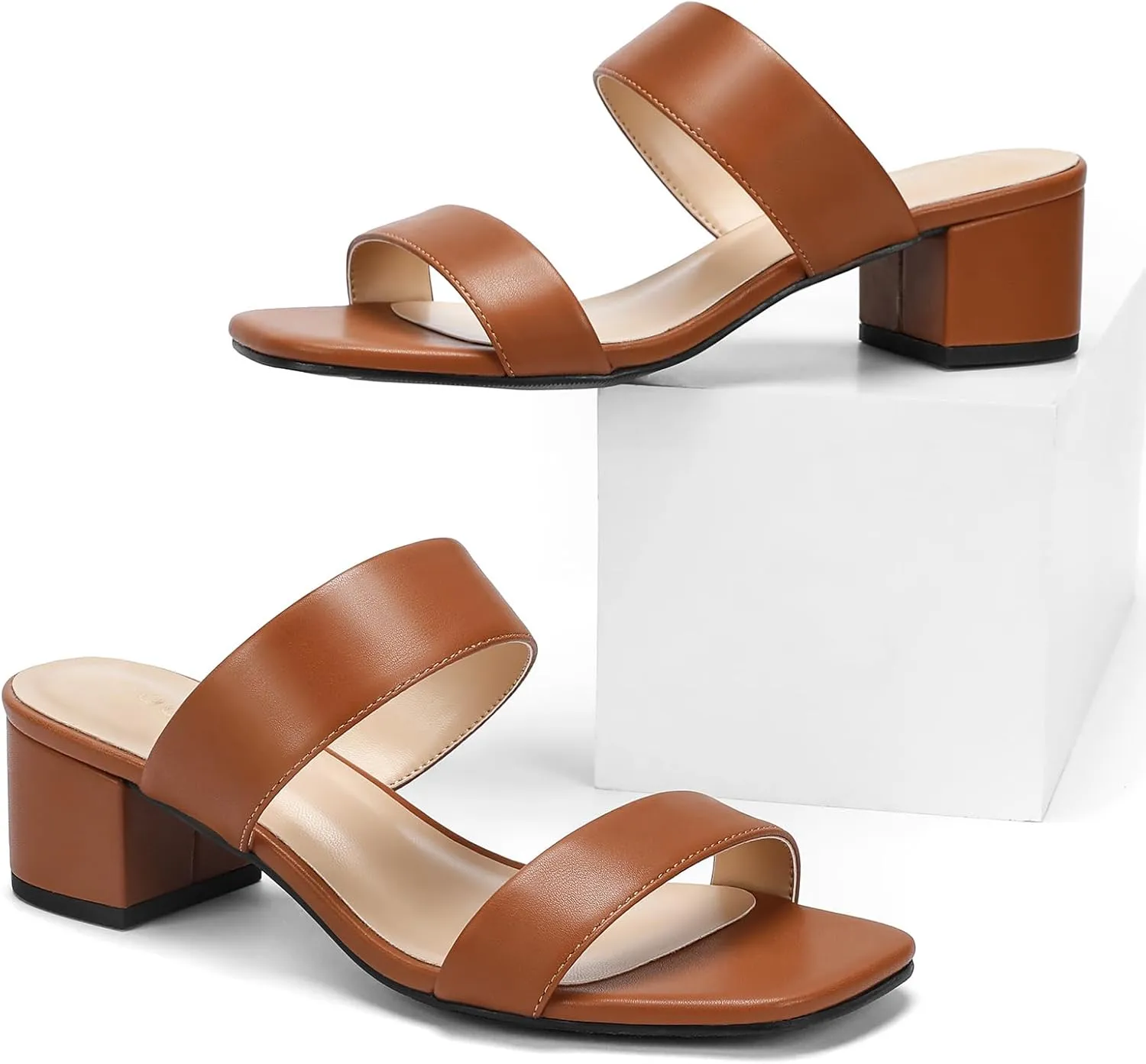Wide Width Women's Heeled Sandals Two Strap Square Open Toe Sandals Low Heels 2-Inch Chunky Dress Shoes