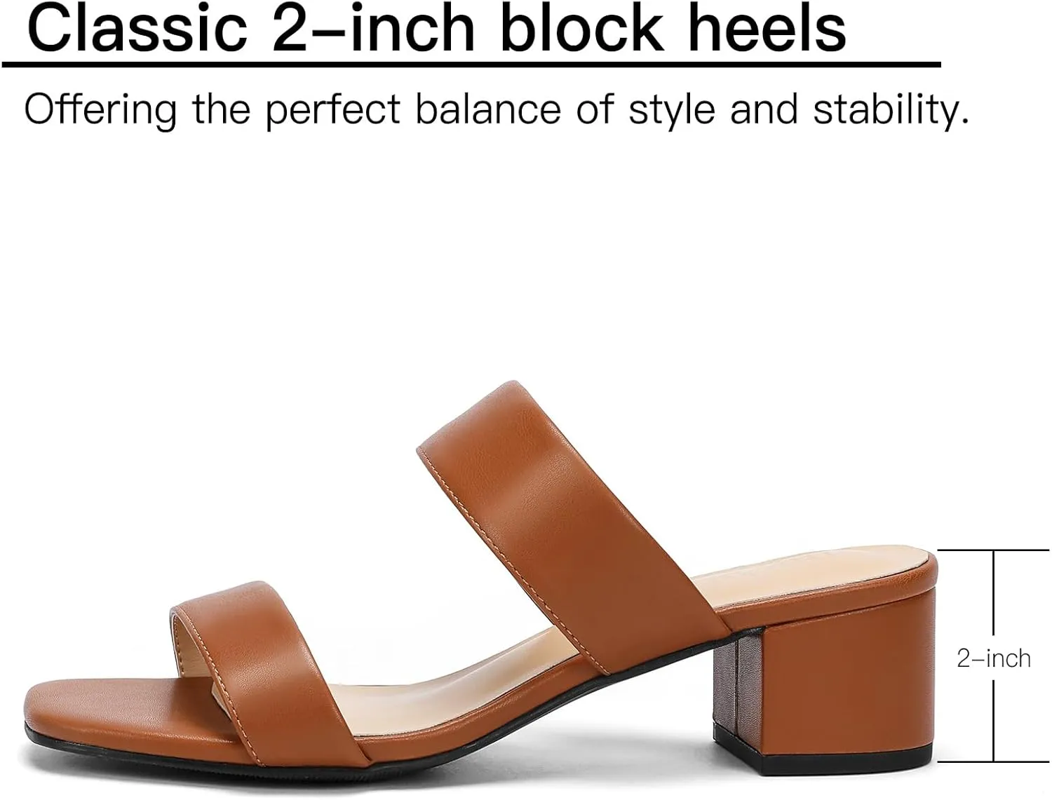 Wide Width Women's Heeled Sandals Two Strap Square Open Toe Sandals Low Heels 2-Inch Chunky Dress Shoes