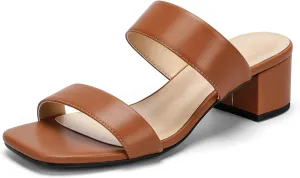 Wide Width Women's Heeled Sandals Two Strap Square Open Toe Sandals Low Heels 2-Inch Chunky Dress Shoes