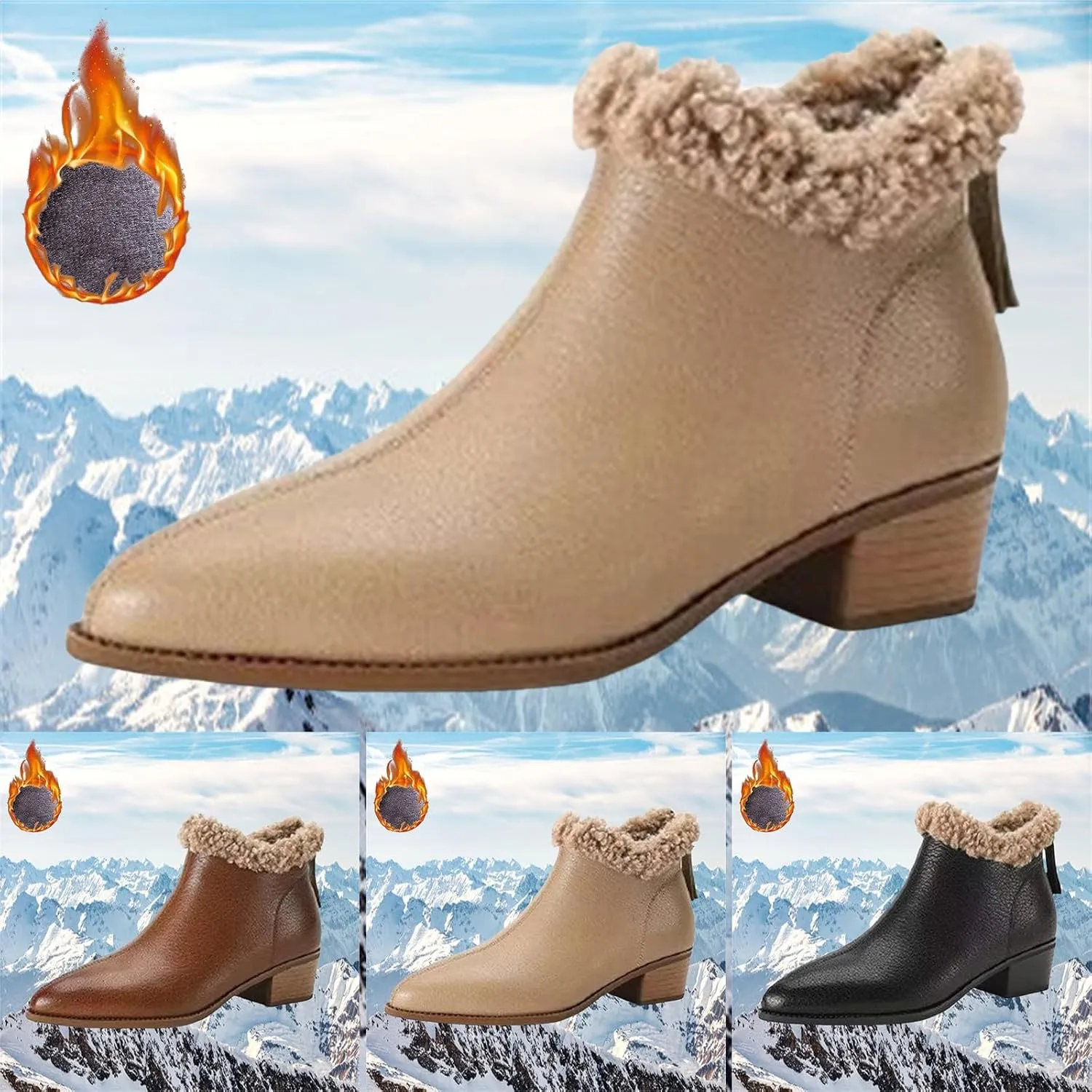 Winter Ankle Bootie for Womens High Chunky Heels Ladies Waterproof Cozy Pointed Toe Western Short Boots