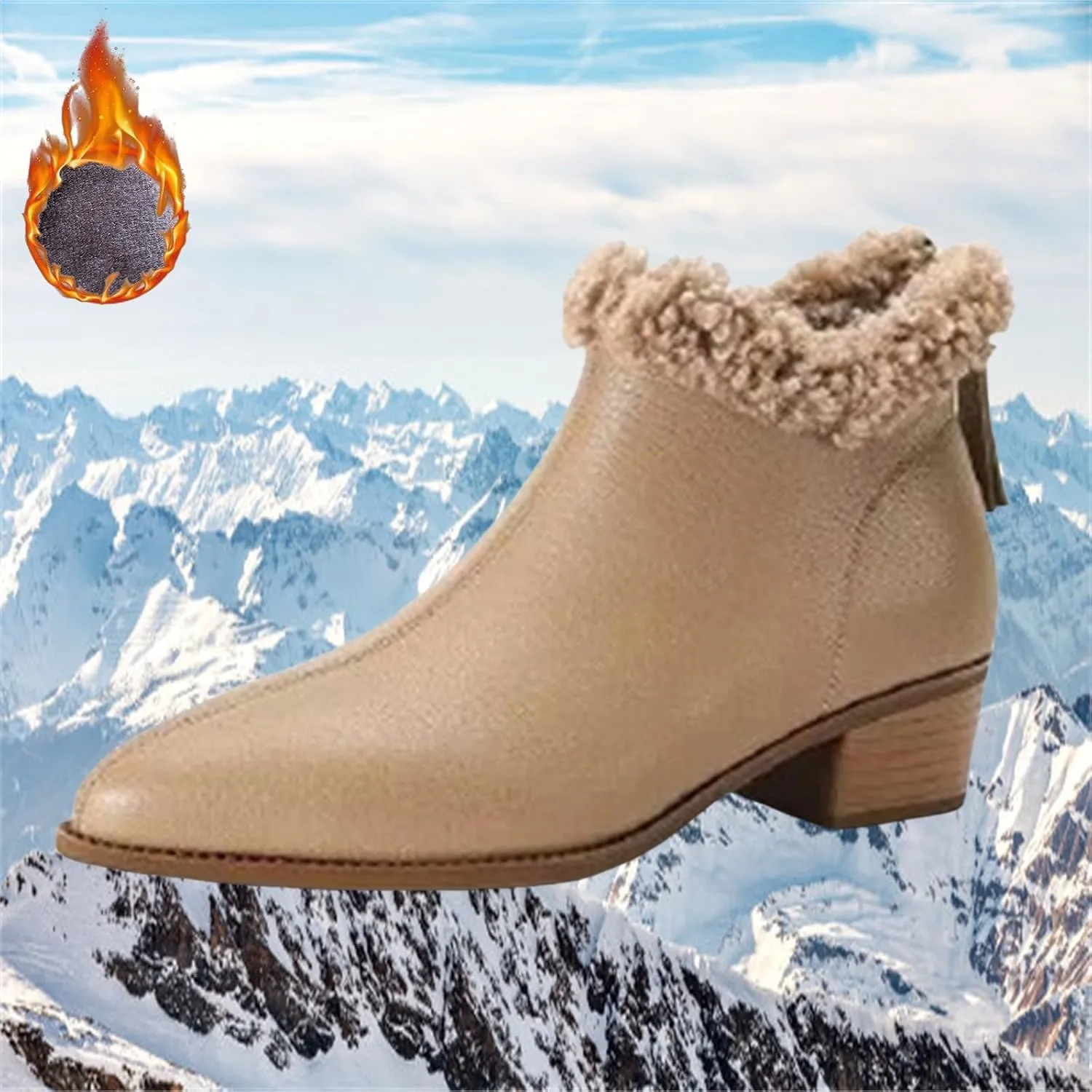 Winter Ankle Bootie for Womens High Chunky Heels Ladies Waterproof Cozy Pointed Toe Western Short Boots