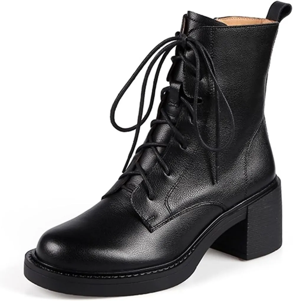 Winter Leather Women's Boots Round Toe Thick Lace-up Retro Booties Platform Shoes High Heel Long