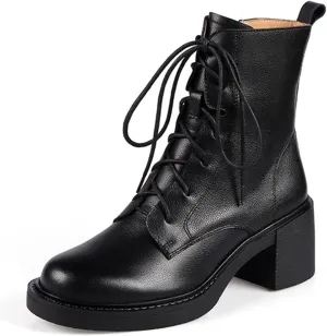 Winter Leather Women's Boots Round Toe Thick Lace-up Retro Booties Platform Shoes High Heel Long