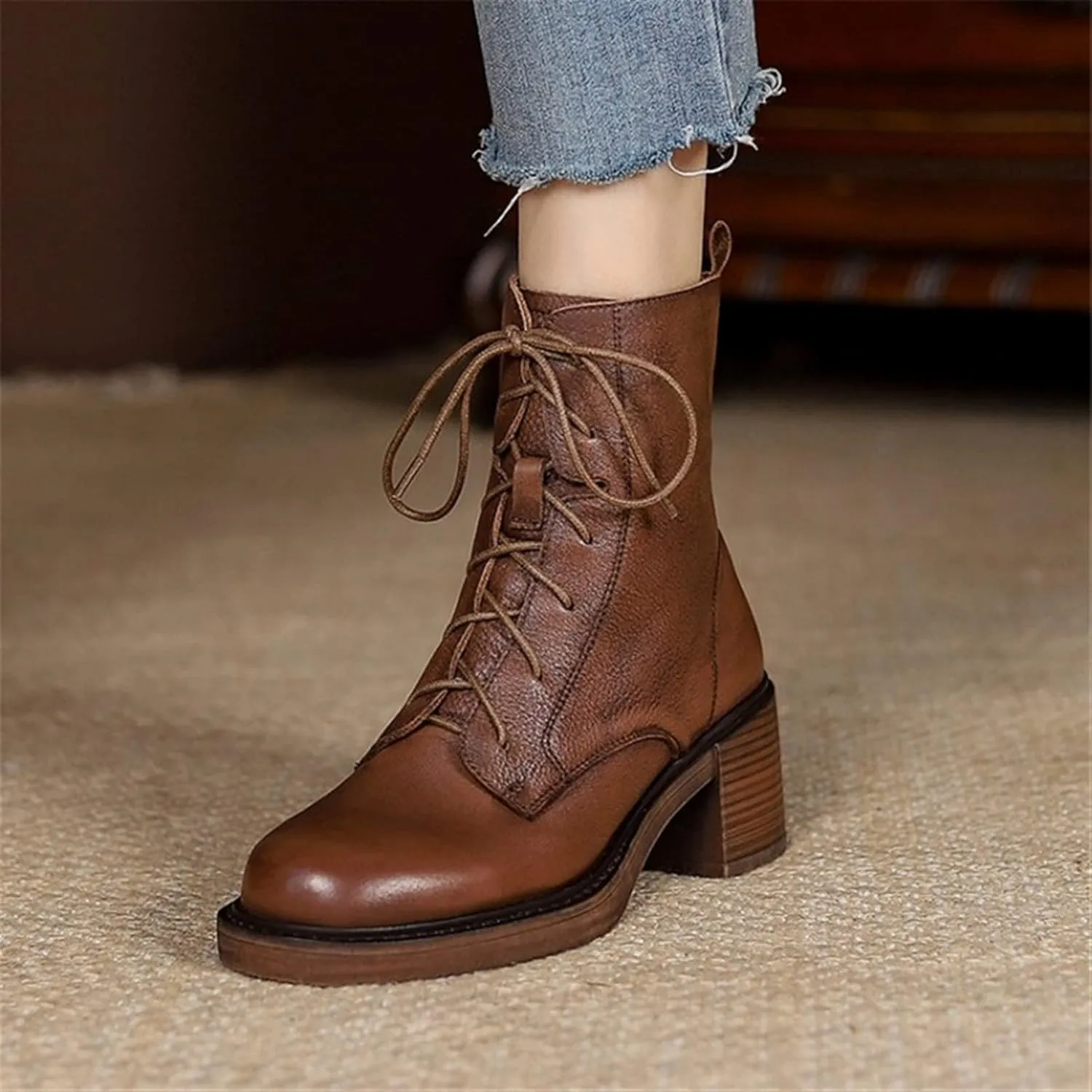 Winter Leather Women's Boots Round Toe Thick Lace-up Retro Booties Platform Shoes High Heel Long