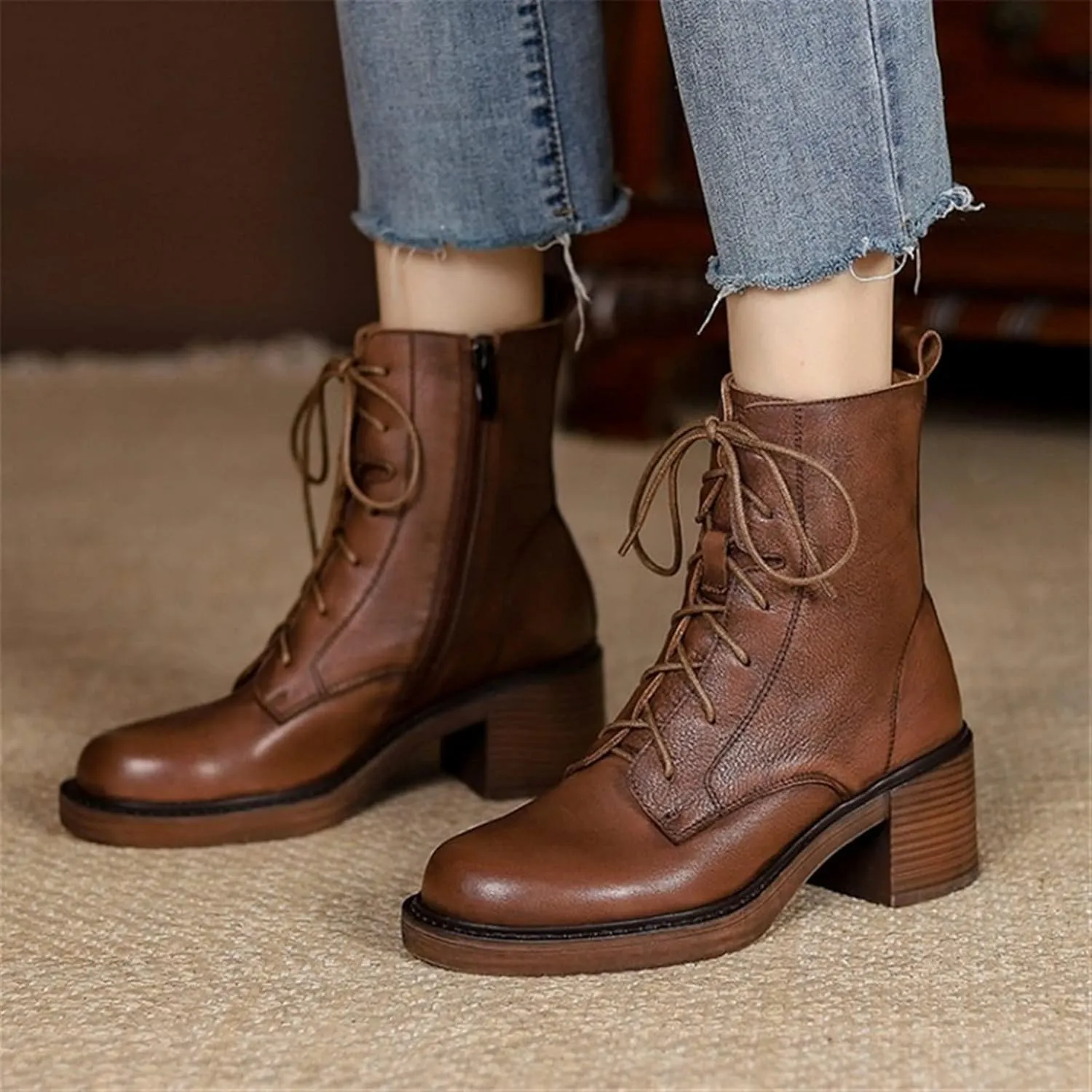 Winter Leather Women's Boots Round Toe Thick Lace-up Retro Booties Platform Shoes High Heel Long