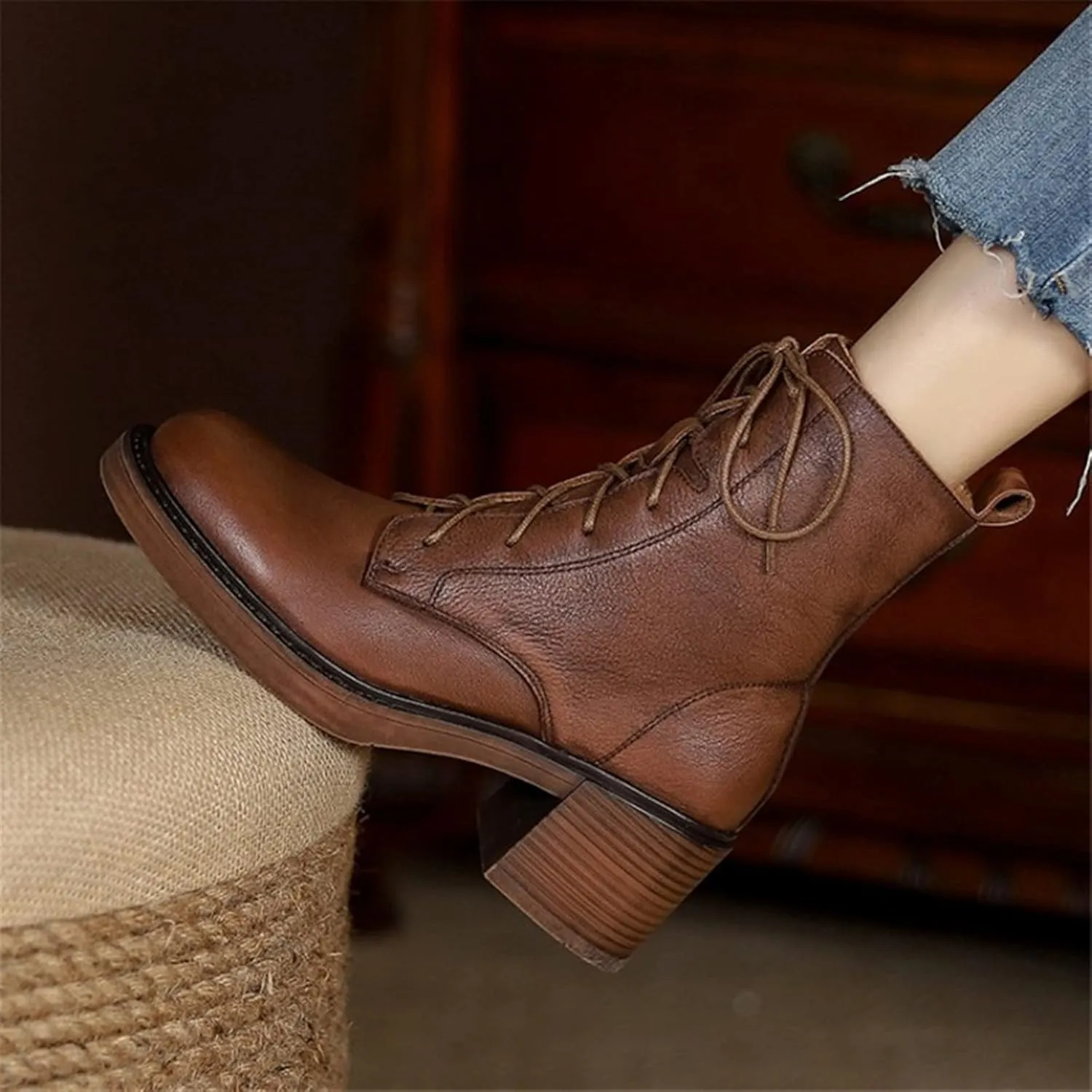 Winter Leather Women's Boots Round Toe Thick Lace-up Retro Booties Platform Shoes High Heel Long