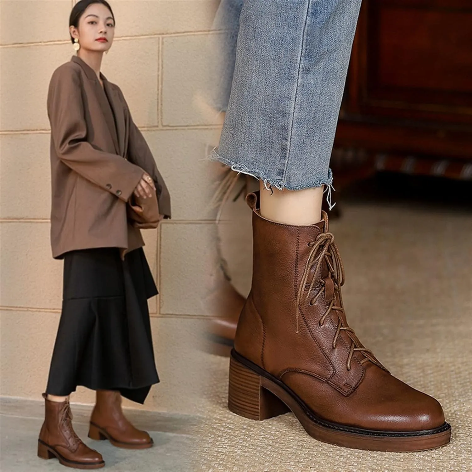 Winter Leather Women's Boots Round Toe Thick Lace-up Retro Booties Platform Shoes High Heel Long