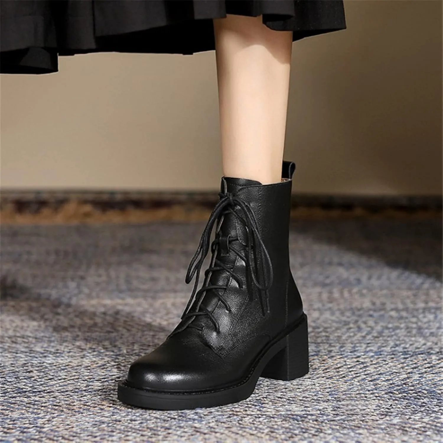 Winter Leather Women's Boots Round Toe Thick Lace-up Retro Booties Platform Shoes High Heel Long