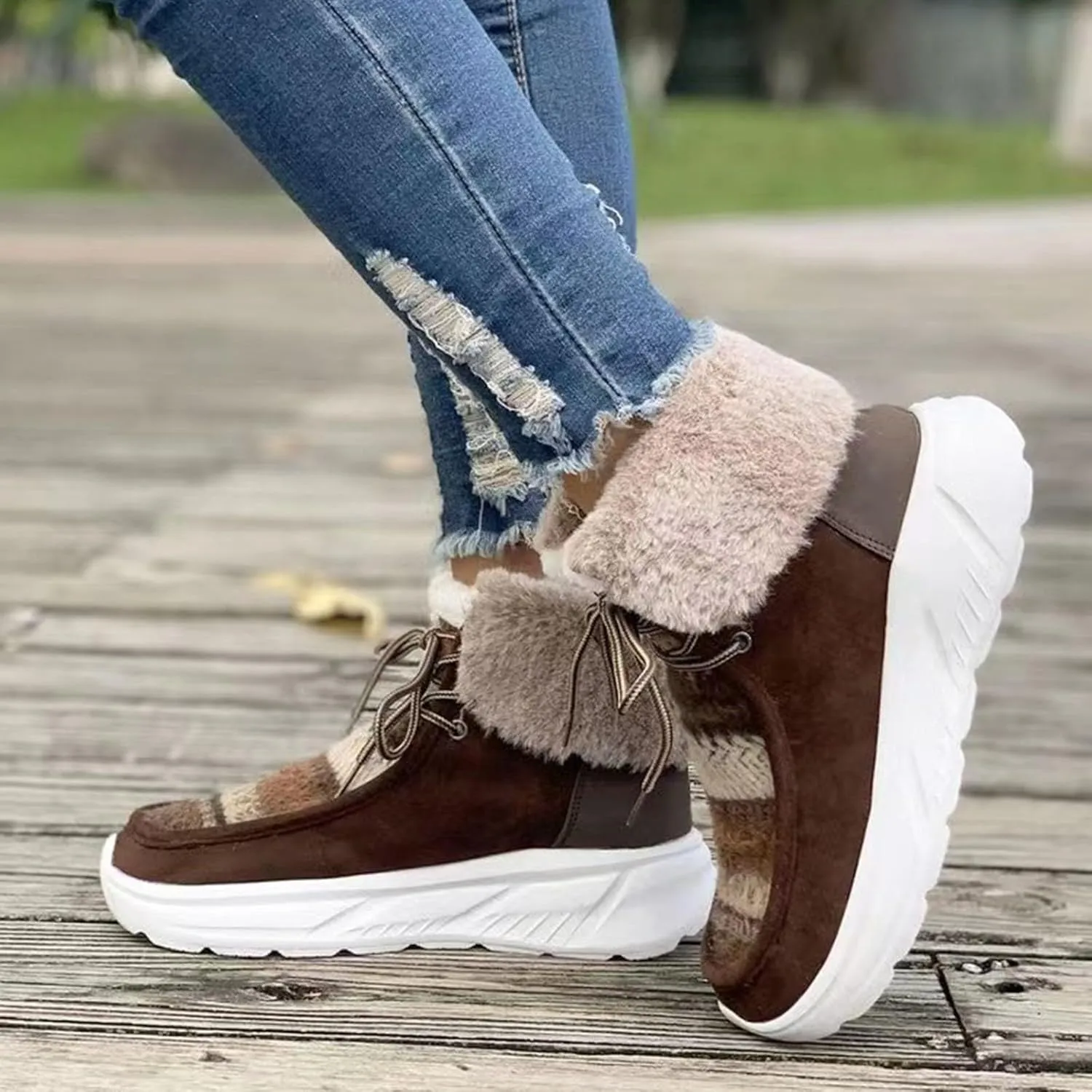 Winter Snow Boots For Women Casual Platform Wedge Booties Plush Fleece Lined Soft Thick Bottom Ankle Boots Warm Fashion Lace-up Sneakers Thermal Short Boots Slip On Outdoor Walking Tennis Shoes