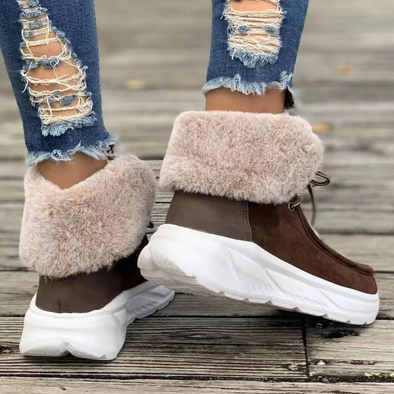 Winter Snow Boots For Women Casual Platform Wedge Booties Plush Fleece Lined Soft Thick Bottom Ankle Boots Warm Fashion Lace-up Sneakers Thermal Short Boots Slip On Outdoor Walking Tennis Shoes