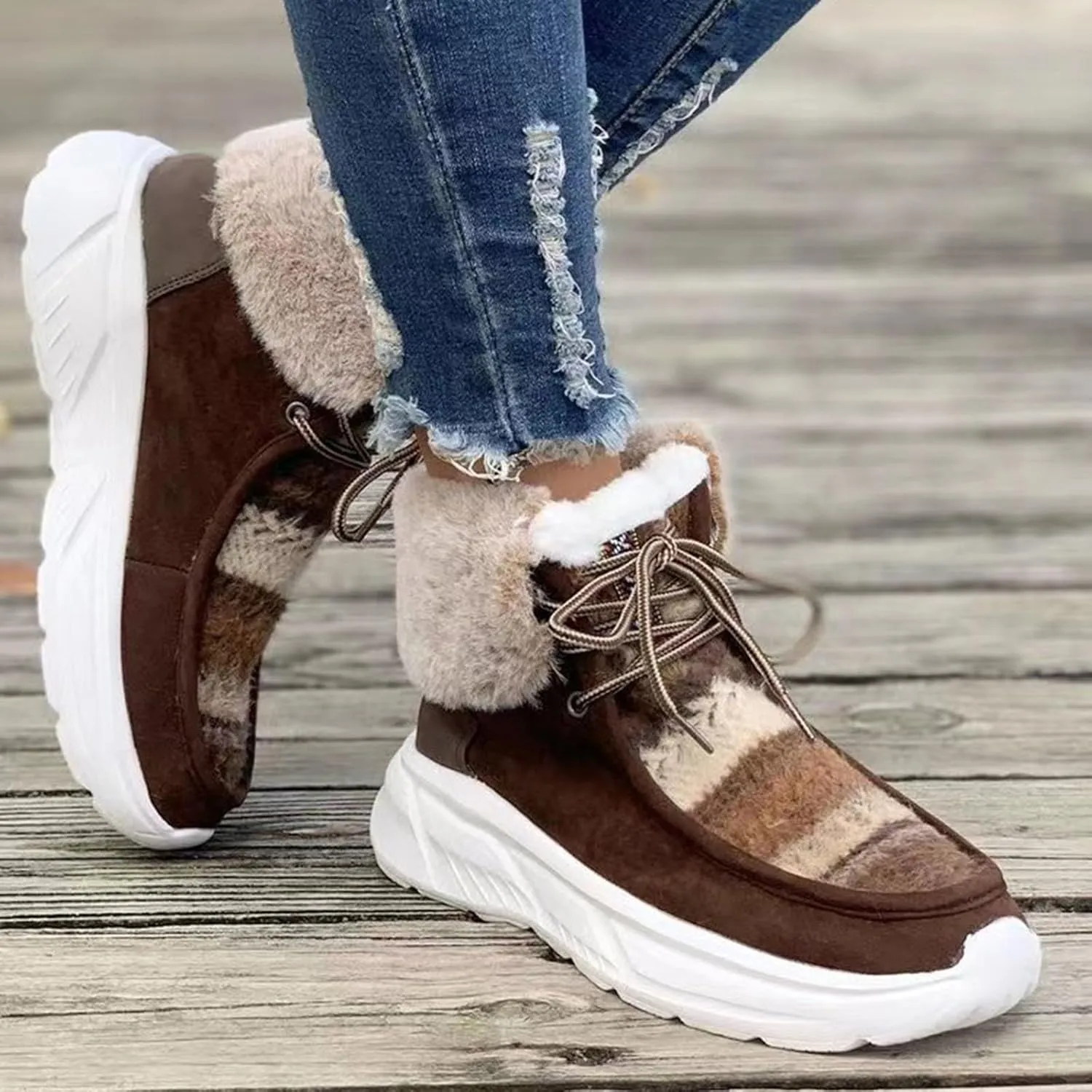 Winter Snow Boots For Women Casual Platform Wedge Booties Plush Fleece Lined Soft Thick Bottom Ankle Boots Warm Fashion Lace-up Sneakers Thermal Short Boots Slip On Outdoor Walking Tennis Shoes
