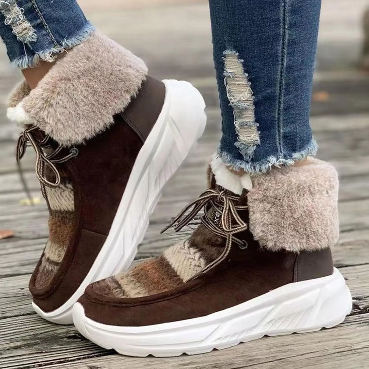 Winter Snow Boots For Women Casual Platform Wedge Booties Plush Fleece Lined Soft Thick Bottom Ankle Boots Warm Fashion Lace-up Sneakers Thermal Short Boots Slip On Outdoor Walking Tennis Shoes