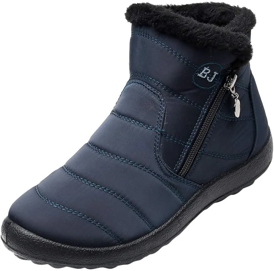 Winter Snow Boots for Women Fleece Lined Warm Ankle Booties Outdoor Anti-slip Water-proof Comfortable Short Boot Fashion Zip Up Booties Sneakers Lightweight Flat and Soft Sole