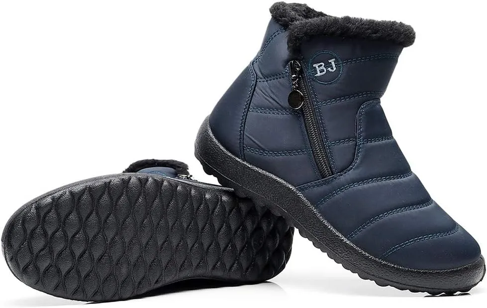 Winter Snow Boots for Women Fleece Lined Warm Ankle Booties Outdoor Anti-slip Water-proof Comfortable Short Boot Fashion Zip Up Booties Sneakers Lightweight Flat and Soft Sole