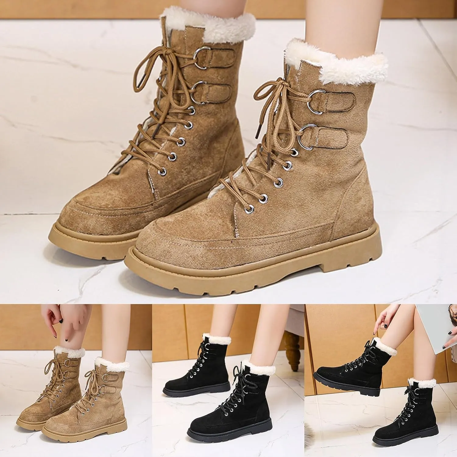 Winter Snow Boots for Women,Women's Warm Winter Snow Boots Round Toe Flat Shoes Cute Comfortable Outdoor Anti-Slip Ankle Boots Suede Warm Fur Lined Booties Lace Up Platform Boots