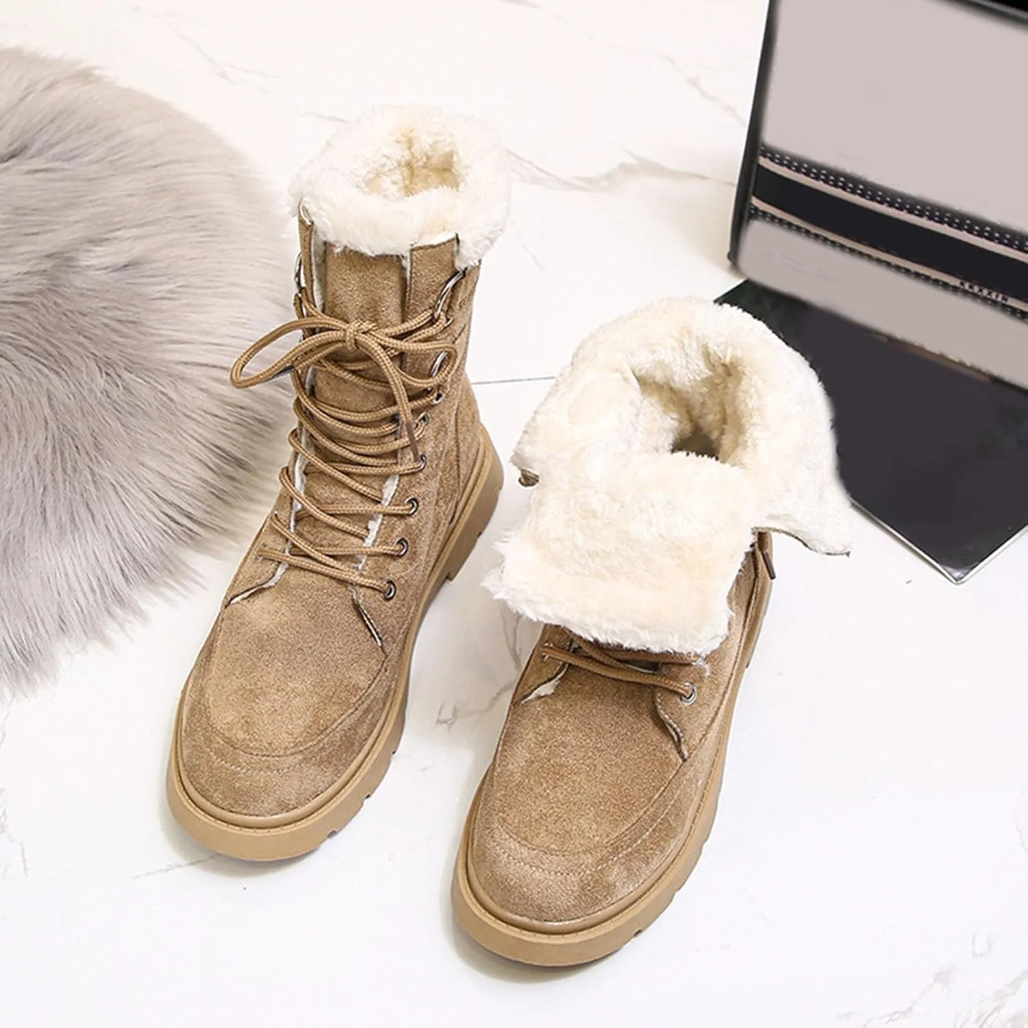Winter Snow Boots for Women,Women's Warm Winter Snow Boots Round Toe Flat Shoes Cute Comfortable Outdoor Anti-Slip Ankle Boots Suede Warm Fur Lined Booties Lace Up Platform Boots