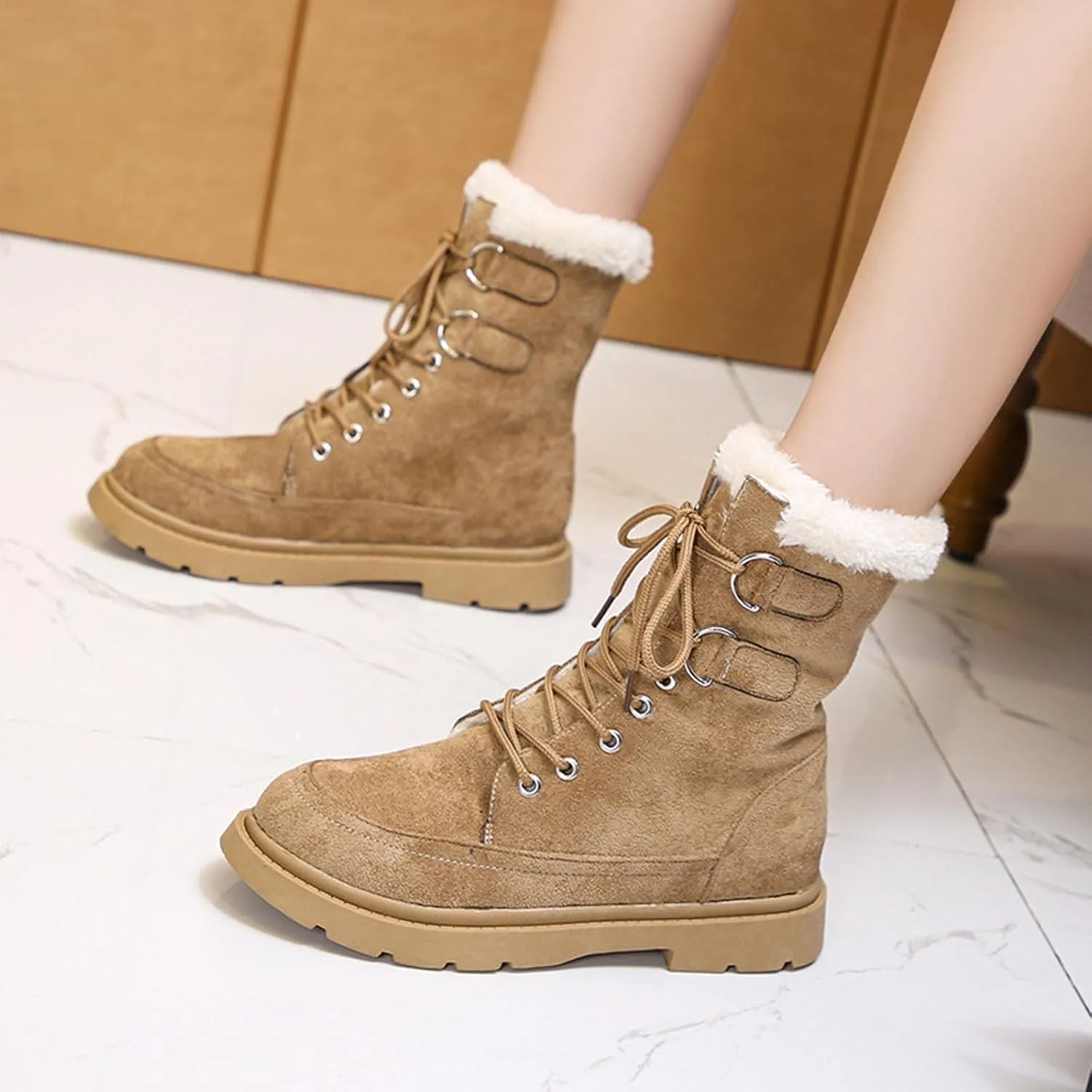 Winter Snow Boots for Women,Women's Warm Winter Snow Boots Round Toe Flat Shoes Cute Comfortable Outdoor Anti-Slip Ankle Boots Suede Warm Fur Lined Booties Lace Up Platform Boots