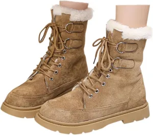 Winter Snow Boots for Women,Women's Warm Winter Snow Boots Round Toe Flat Shoes Cute Comfortable Outdoor Anti-Slip Ankle Boots Suede Warm Fur Lined Booties Lace Up Platform Boots
