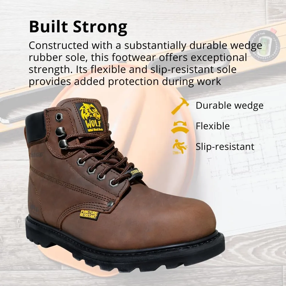 Wolf Work Boot | 100% Genuine Upper Leather | Oil, Heat, Chemical, Impact | Electrical Hazards | Non-Slip Rubber Sole | Tan Nubuck Plain Toe | Padded Collar | Construction | Industrial PPE