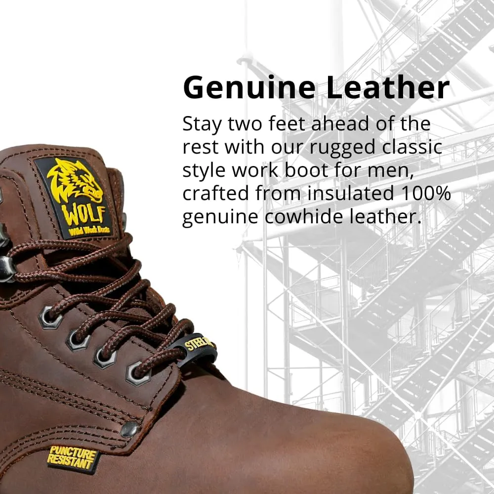 Wolf Work Boot | 100% Genuine Upper Leather | Oil, Heat, Chemical, Impact | Electrical Hazards | Non-Slip Rubber Sole | Tan Nubuck Plain Toe | Padded Collar | Construction | Industrial PPE