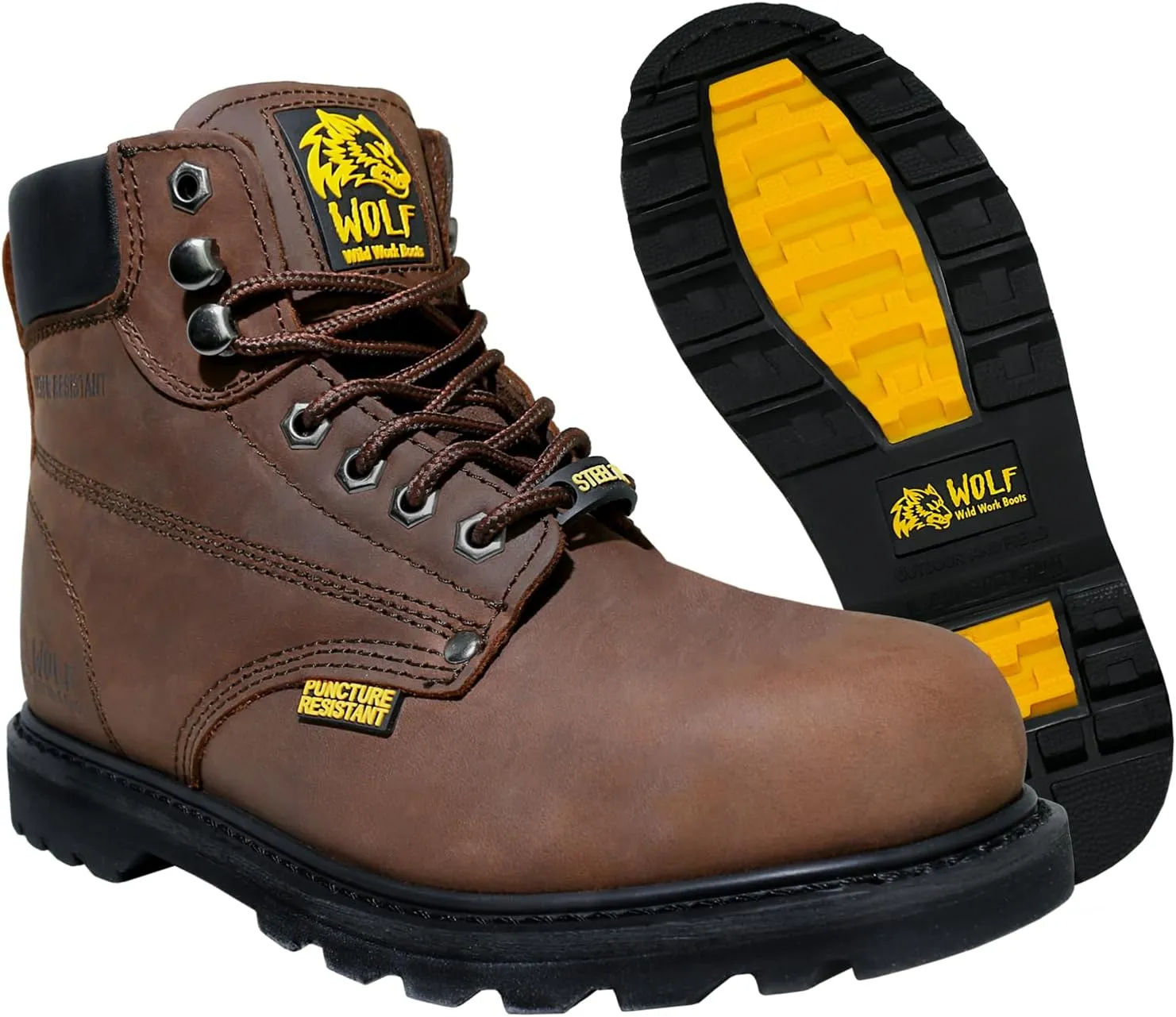 Wolf Work Boot | 100% Genuine Upper Leather | Oil, Heat, Chemical, Impact | Electrical Hazards | Non-Slip Rubber Sole | Tan Nubuck Plain Toe | Padded Collar | Construction | Industrial PPE