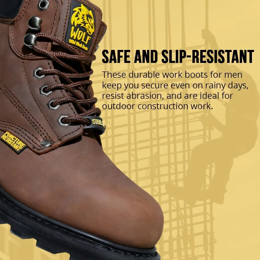 Wolf Work Boot | 100% Genuine Upper Leather | Oil, Heat, Chemical, Impact | Electrical Hazards | Non-Slip Rubber Sole | Tan Nubuck Plain Toe | Padded Collar | Construction | Industrial PPE