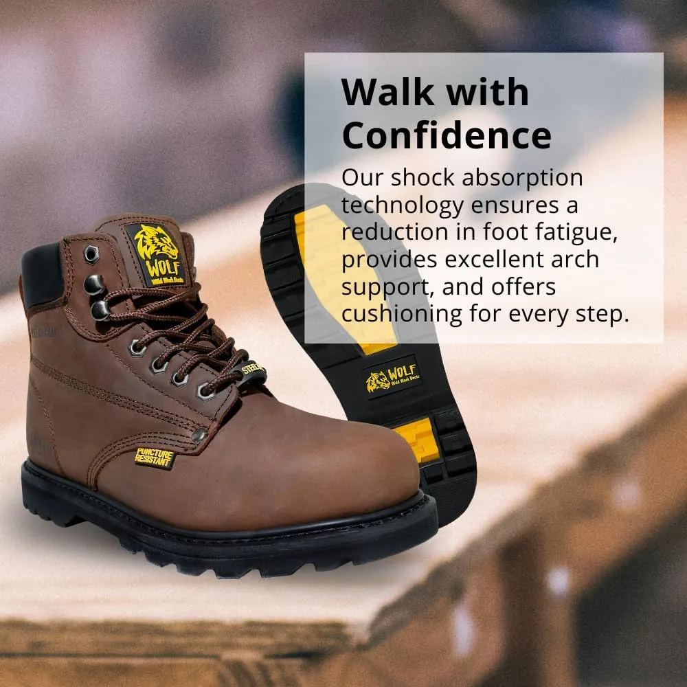 Wolf Work Boot | 100% Genuine Upper Leather | Oil, Heat, Chemical, Impact | Electrical Hazards | Non-Slip Rubber Sole | Tan Nubuck Plain Toe | Padded Collar | Construction | Industrial PPE