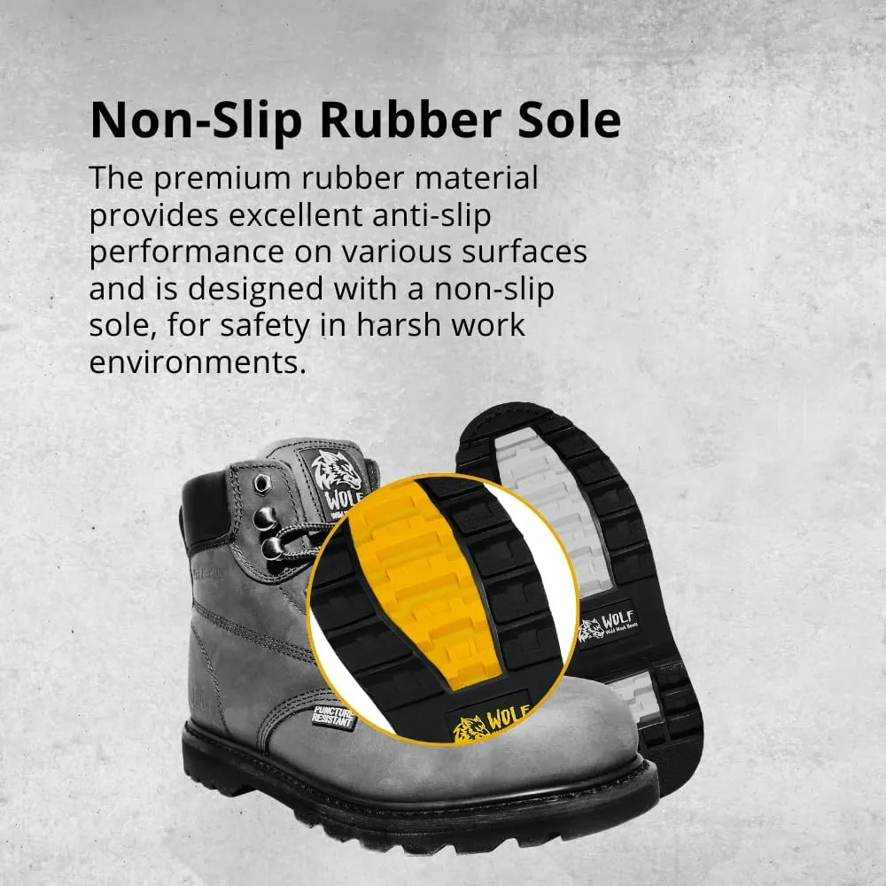 Wolf Work Boot | 100% Genuine Upper Leather | Oil, Heat, Chemical, Impact | Electrical Hazards | Non-Slip Rubber Sole | Tan Nubuck Plain Toe | Padded Collar | Construction | Industrial PPE