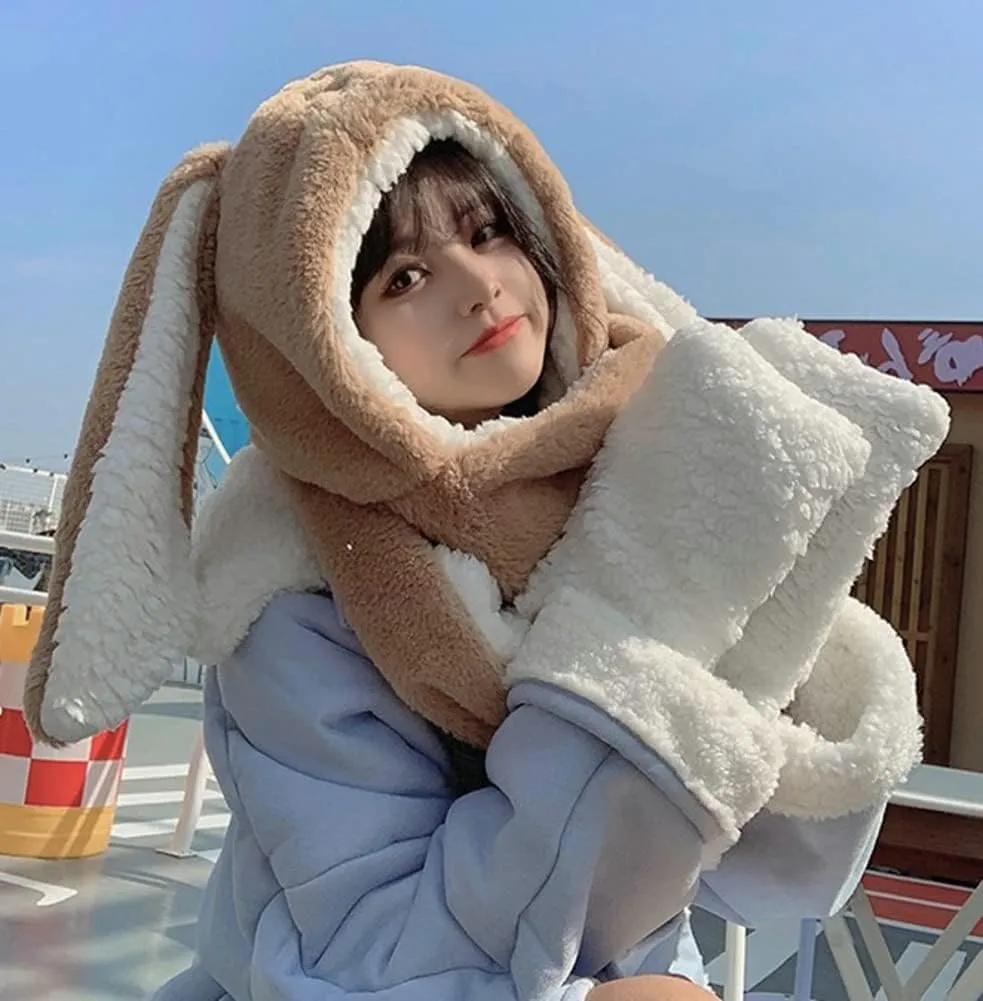 Women Cute Rabbit Ear Plush Beanie Cap Outdoor Fluffy Bunny Hat Scarf Set Indoor Warm Thick Fleece Animal Hoodie