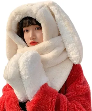 Women Cute Rabbit Ear Plush Beanie Cap Outdoor Fluffy Bunny Hat Scarf Set Indoor Warm Thick Fleece Animal Hoodie