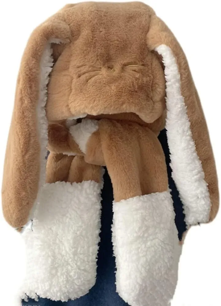 Women Cute Rabbit Ear Plush Beanie Cap Outdoor Fluffy Bunny Hat Scarf Set Indoor Warm Thick Fleece Animal Hoodie