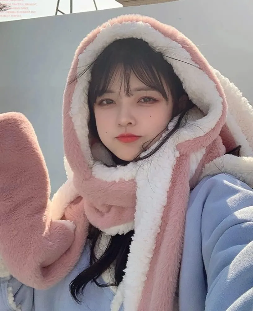 Women Cute Rabbit Ear Plush Beanie Cap Outdoor Fluffy Bunny Hat Scarf Set Indoor Warm Thick Fleece Animal Hoodie