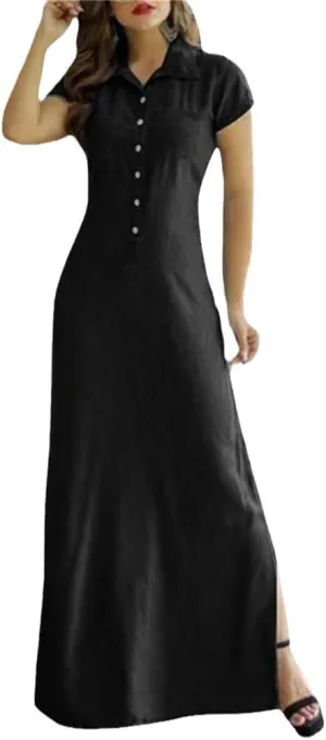 Women Denim Shirt Dress Short Sleeve Button Down Collar High Waist Skirt with Slit Summer Casual Dresses
