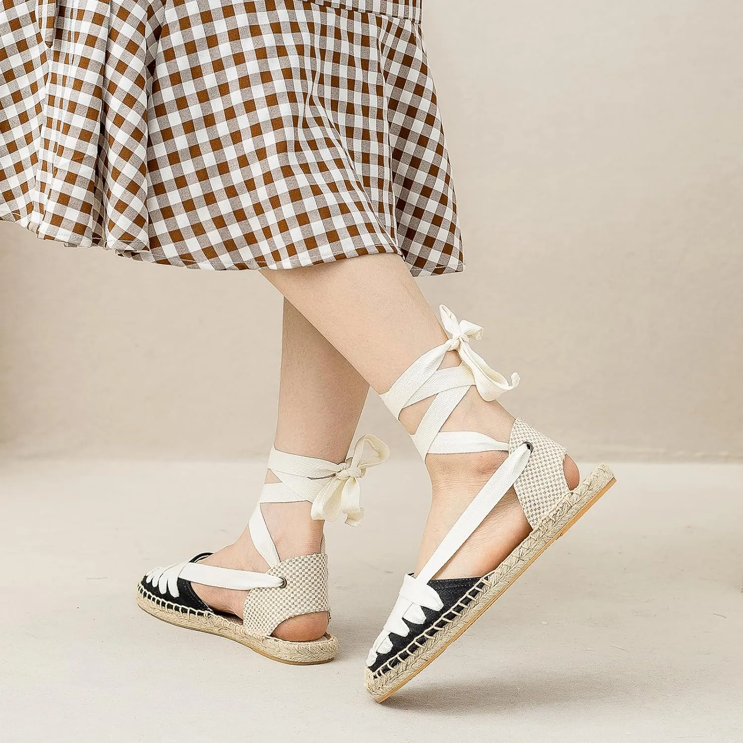 Women Espadrille Lace Up Flats Comfortable Summer Breathable Espadrille Sandals Adjustable Shoelace Dating Work Travel