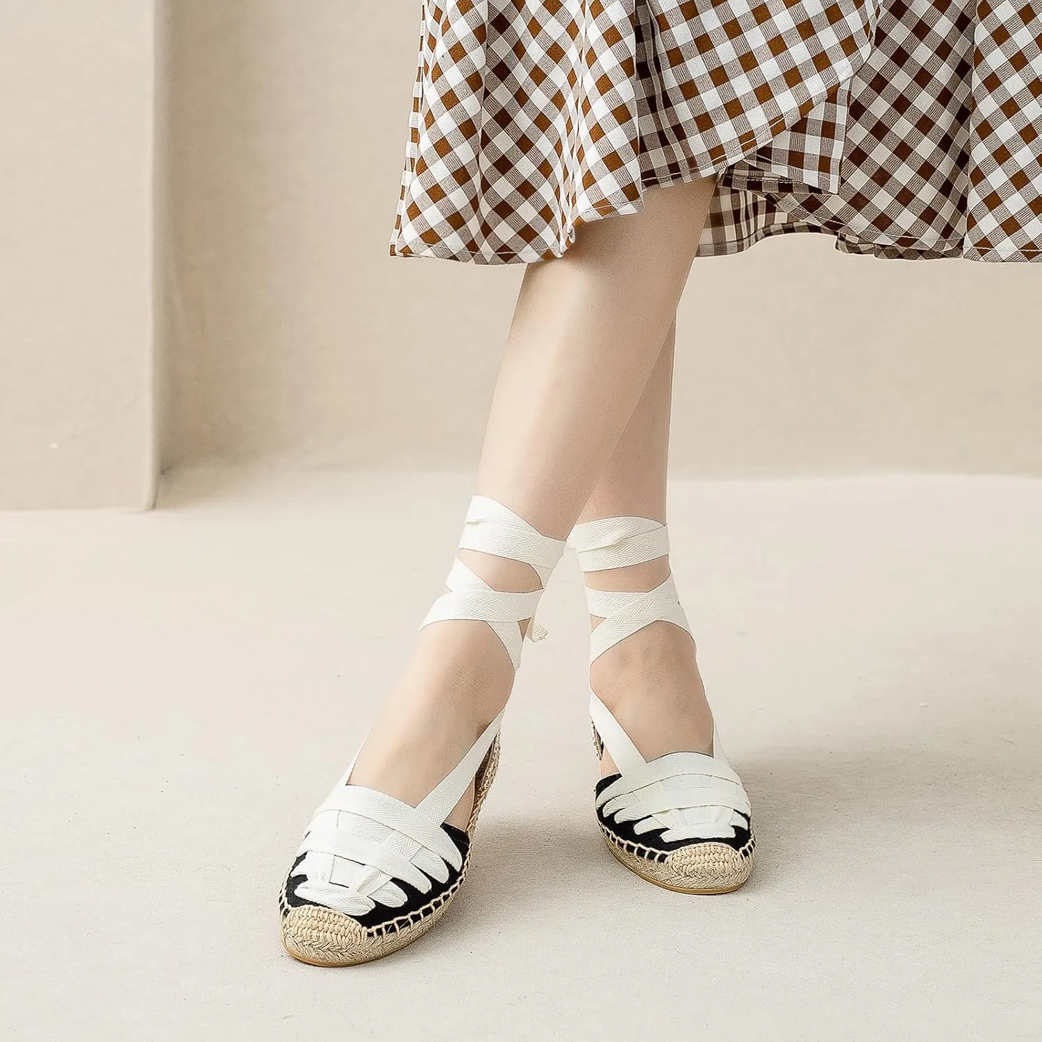 Women Espadrille Lace Up Flats Comfortable Summer Breathable Espadrille Sandals Adjustable Shoelace Dating Work Travel