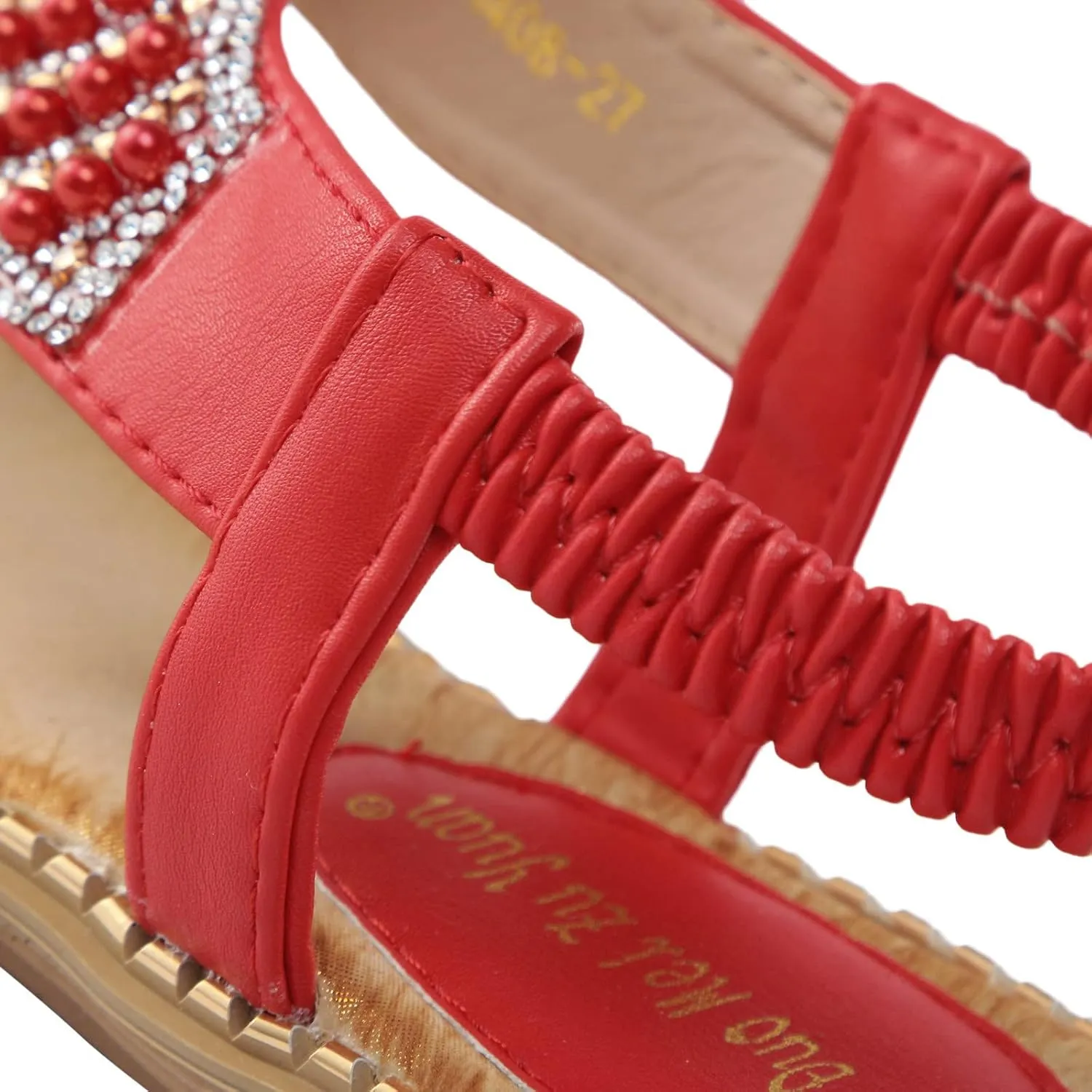 Women Flat Sandals Bohemia Pearl Sequins Summer Dress Shoes Open Toe Comfort Slingback Elastic Ankle Strap Sandals
