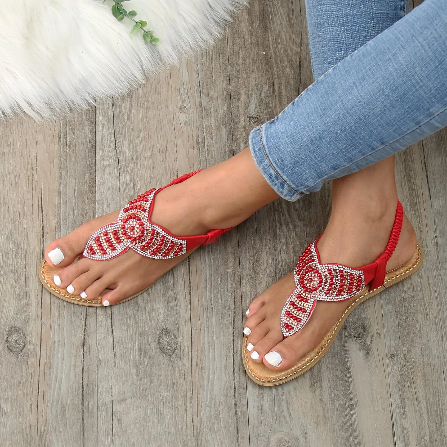 Women Flat Sandals Bohemia Pearl Sequins Summer Dress Shoes Open Toe Comfort Slingback Elastic Ankle Strap Sandals