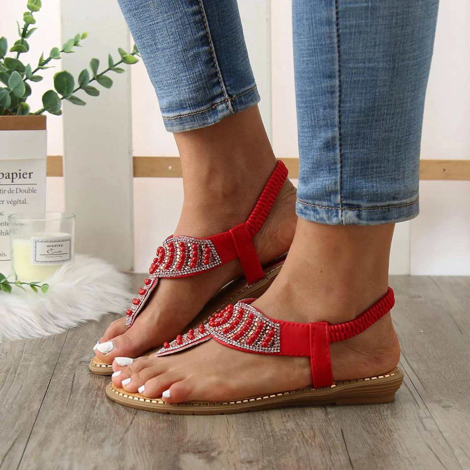 Women Flat Sandals Bohemia Pearl Sequins Summer Dress Shoes Open Toe Comfort Slingback Elastic Ankle Strap Sandals