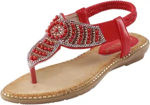 Women Flat Sandals Bohemia Pearl Sequins Summer Dress Shoes Open Toe Comfort Slingback Elastic Ankle Strap Sandals