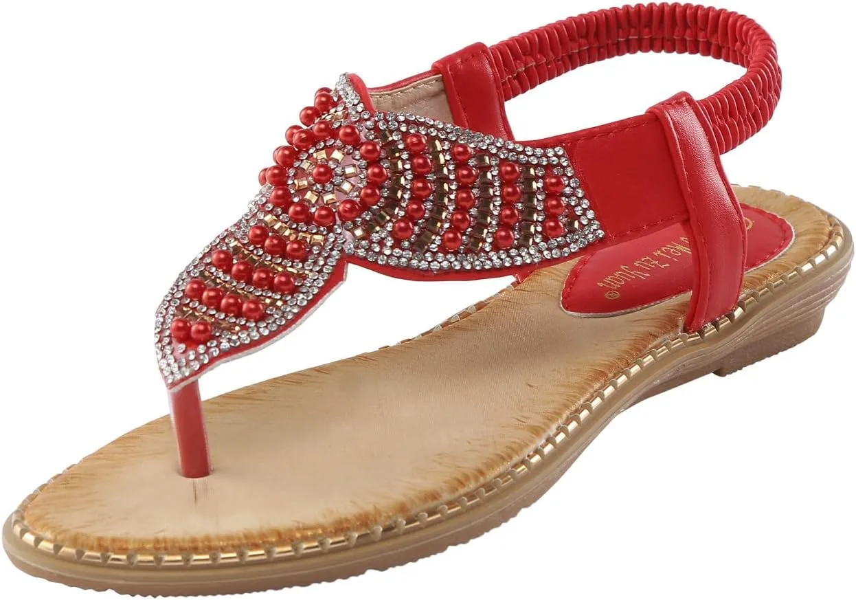 Women Flat Sandals Bohemia Pearl Sequins Summer Dress Shoes Open Toe Comfort Slingback Elastic Ankle Strap Sandals