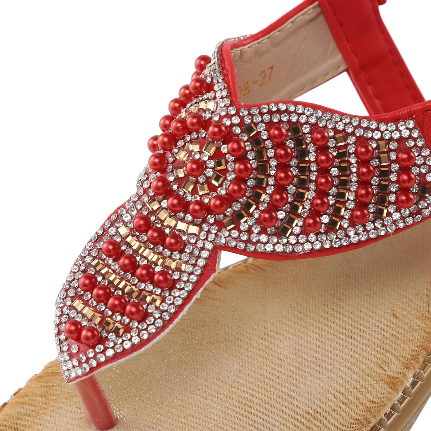 Women Flat Sandals Bohemia Pearl Sequins Summer Dress Shoes Open Toe Comfort Slingback Elastic Ankle Strap Sandals