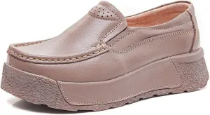 Women Platform Leather Slip On Loafers Wedge Moccasins,Casual Comfort Lightweight Soft Sole Low Top Walking Shoes Work Nurse Shoes
