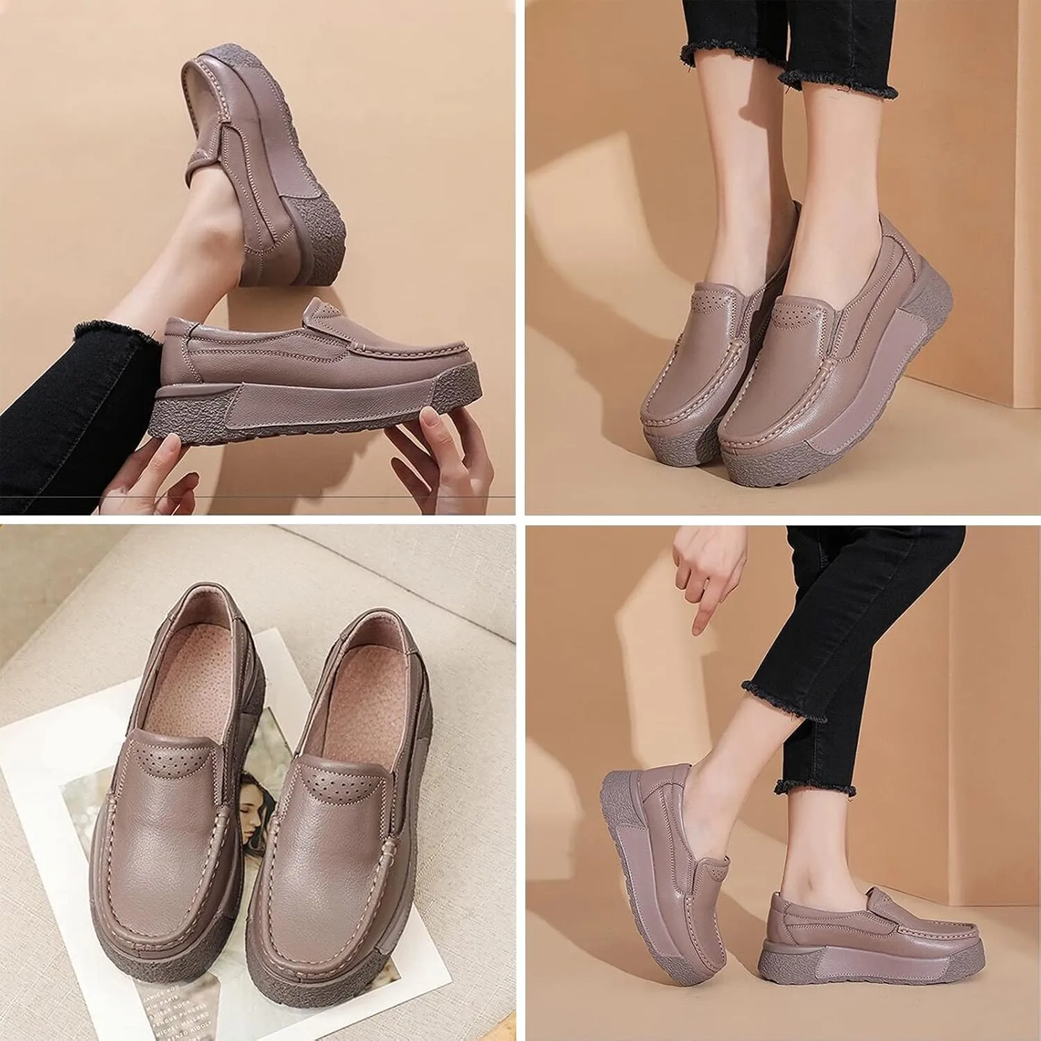 Women Platform Leather Slip On Loafers Wedge Moccasins,Casual Comfort Lightweight Soft Sole Low Top Walking Shoes Work Nurse Shoes