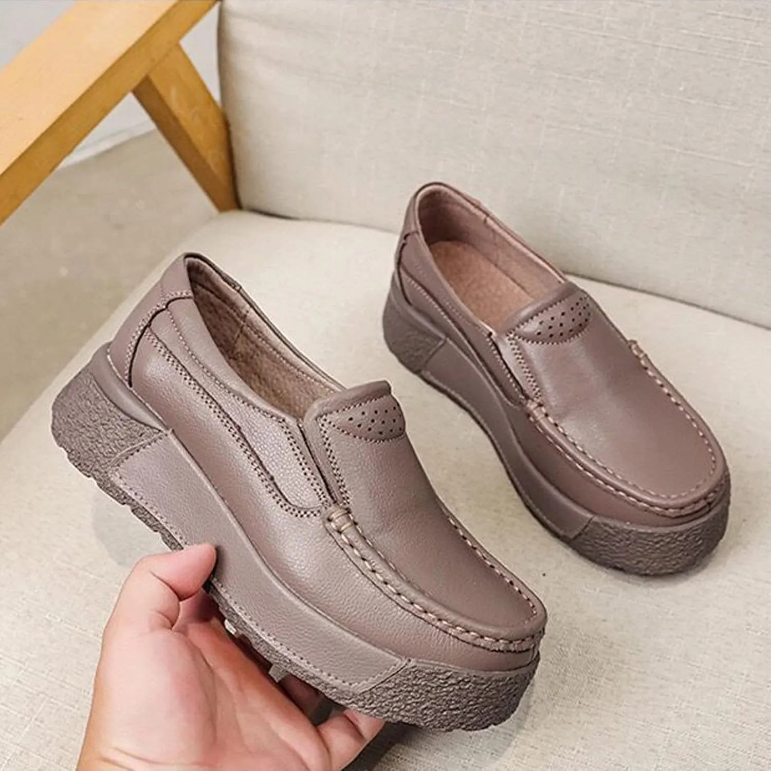 Women Platform Leather Slip On Loafers Wedge Moccasins,Casual Comfort Lightweight Soft Sole Low Top Walking Shoes Work Nurse Shoes