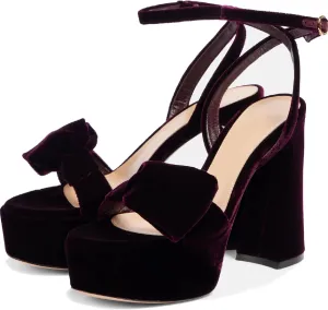 Women Platform Sandals with bow Chunky Block 5 Inch High Heel Ankle Strap Peep Open Toe Slingback Dress Shoes for Wedding Party