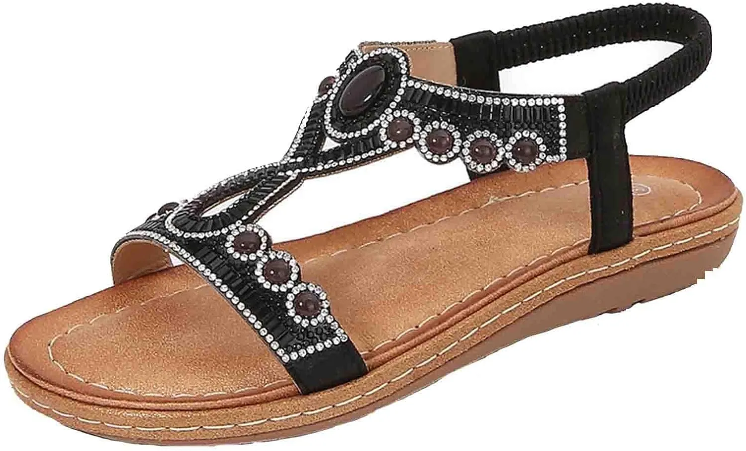 Women Rhinestone Sandals T-Strap Bohemian Pearl Crystal Flat Sandals Elastic Ankle Strap Summer Comfort Walking Shoes
