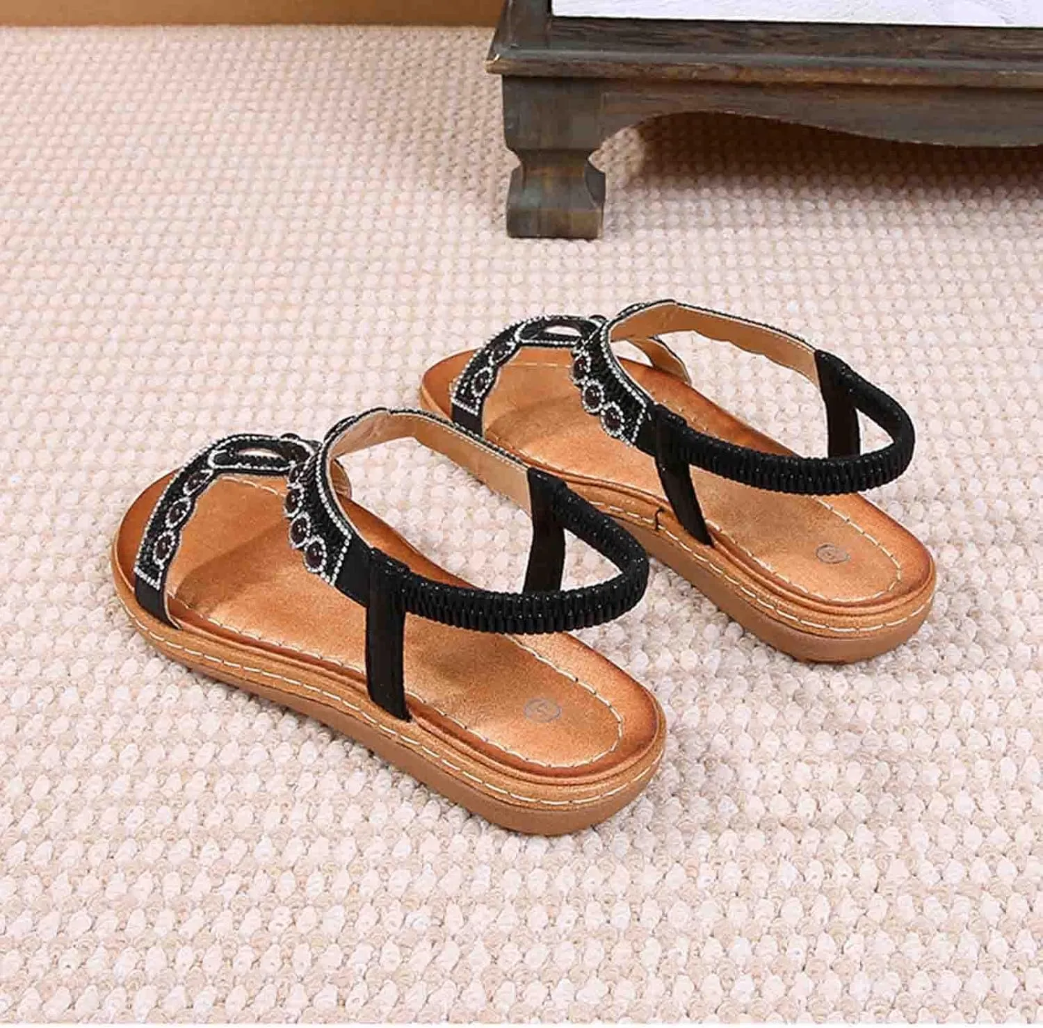 Women Rhinestone Sandals T-Strap Bohemian Pearl Crystal Flat Sandals Elastic Ankle Strap Summer Comfort Walking Shoes